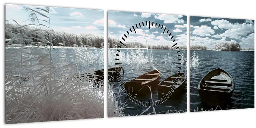 Obraz - Drevené loďky na jazere (s hodinami) (90x30 cm)