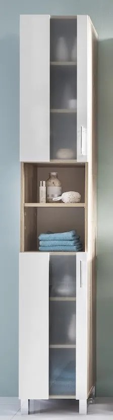 Vysoká kúpeľňová skrinka PORTO; biela / dub