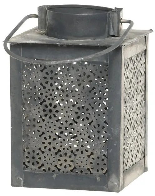 Sivá plechová antik lampáš s kvetmi Flower - 8,5 *8,5*12 cm