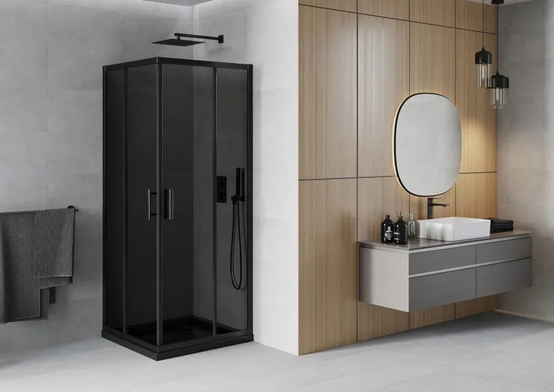 Mexen Rio, štvorcový sprchovací kút s posuvnými dverami 80(dvere) x 80(dvere) x 190 cm, 6mm šedé sklo, čierny profil + čierna sprchová vanička SLIM, 860-080-080-70-40-4070B