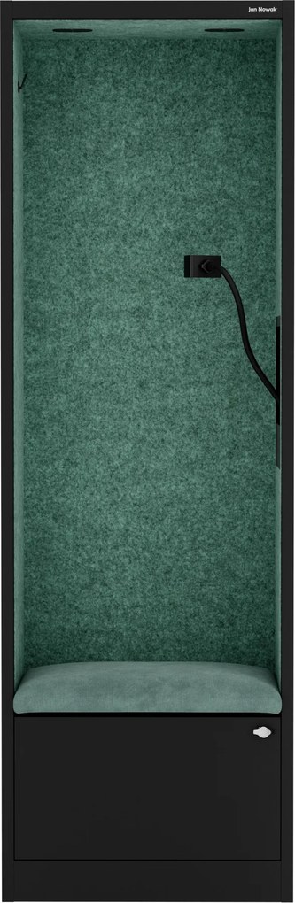 Kancelárska akustická kabína so sedadlom a portom USB-C, telo v čierny farbe / sedadlo v zelenej farbe, 600 mm: SALLY MentalBox