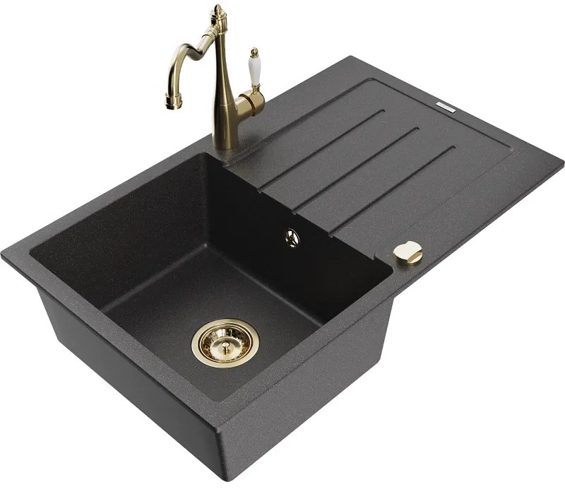 Mexen Bruno, granitový drez 795x495x200 mm, 1-komorový a drezová batéria Carla, čierna škvrnitá, 6513-76-670700-50