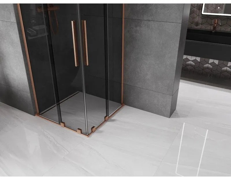 Mexen Velar L Duo, sprchový kút s posuvnými dverami 90 x 90 cm, 8mm šedé sklo, medená matná, 871-090-090-02-43-65