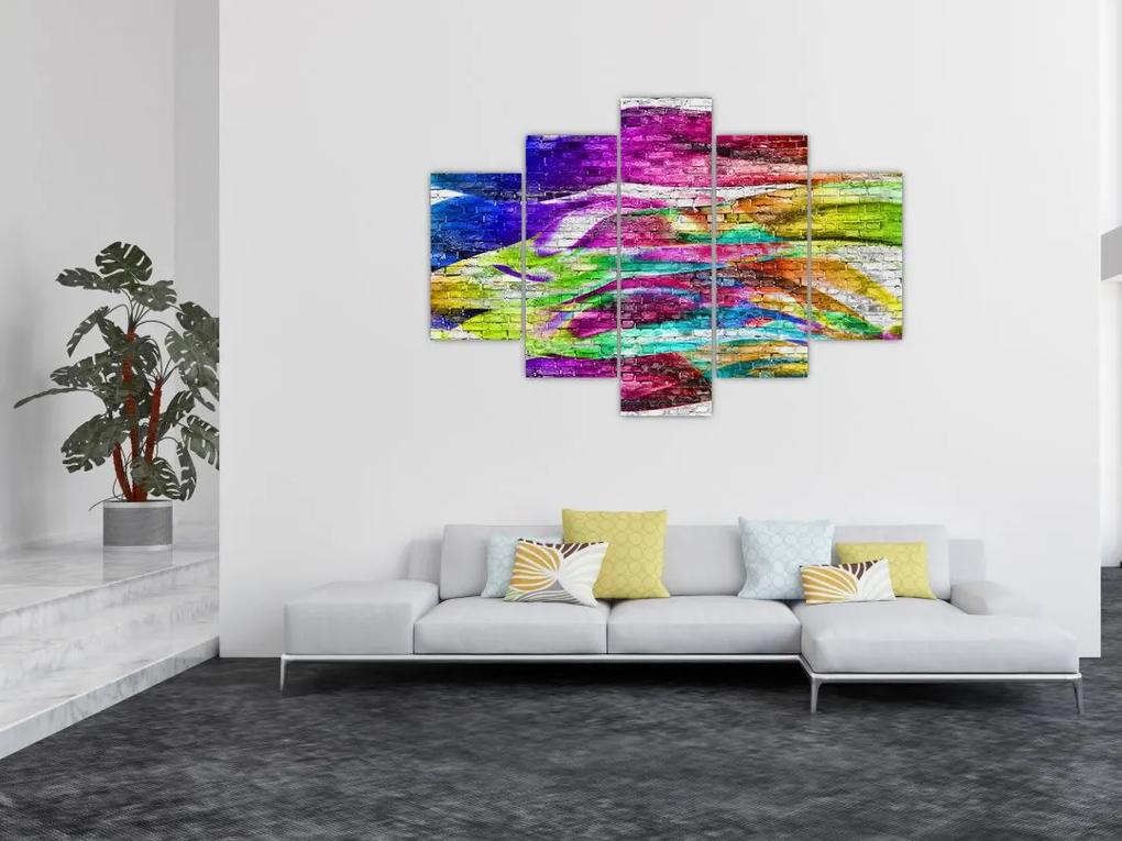 Obraz - Tehlový múr s farebnými plameňmi (150x105 cm)