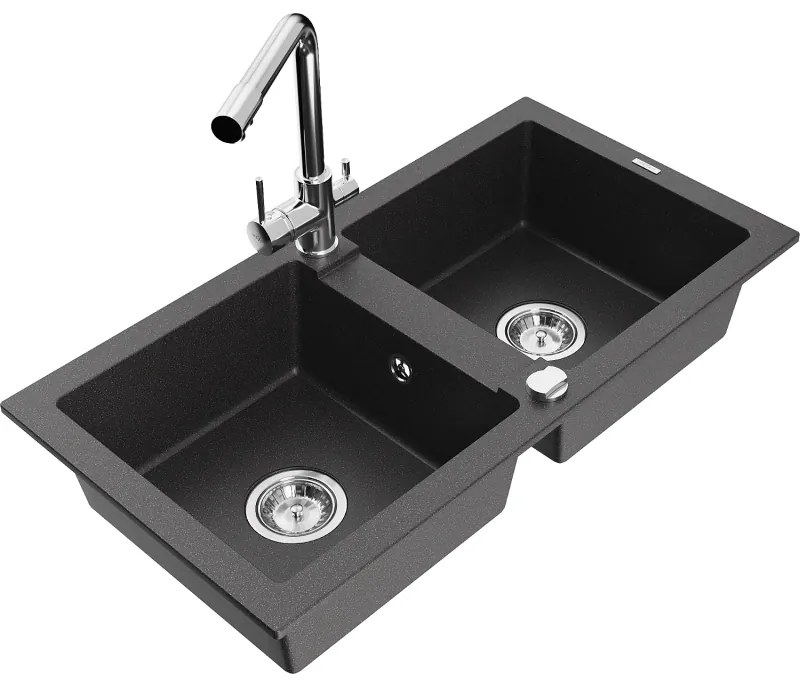 Mexen Mario, 2-komorový granitový drez 820x436x161 mm a chrómová drezová batéria Duero, čierna škvrnitá, 6504-76-671600-00