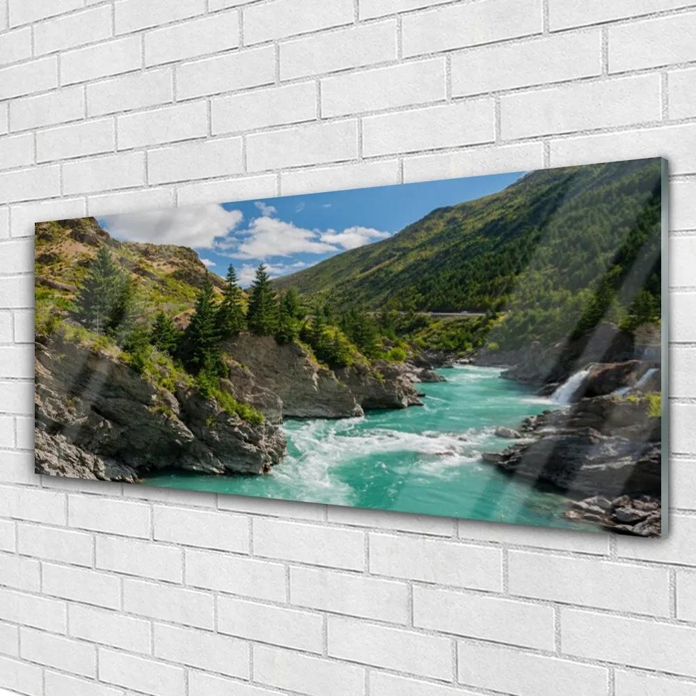 Obraz na akrylátovom skle Hory rieka príroda 125x50 cm
