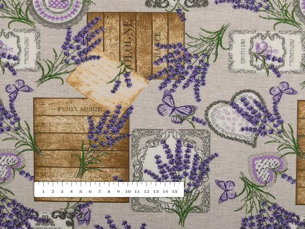 Biante Dekoračný záves PML-099 Levandule s motýlikmi a srdiečkami na béžovom 145x230 cm