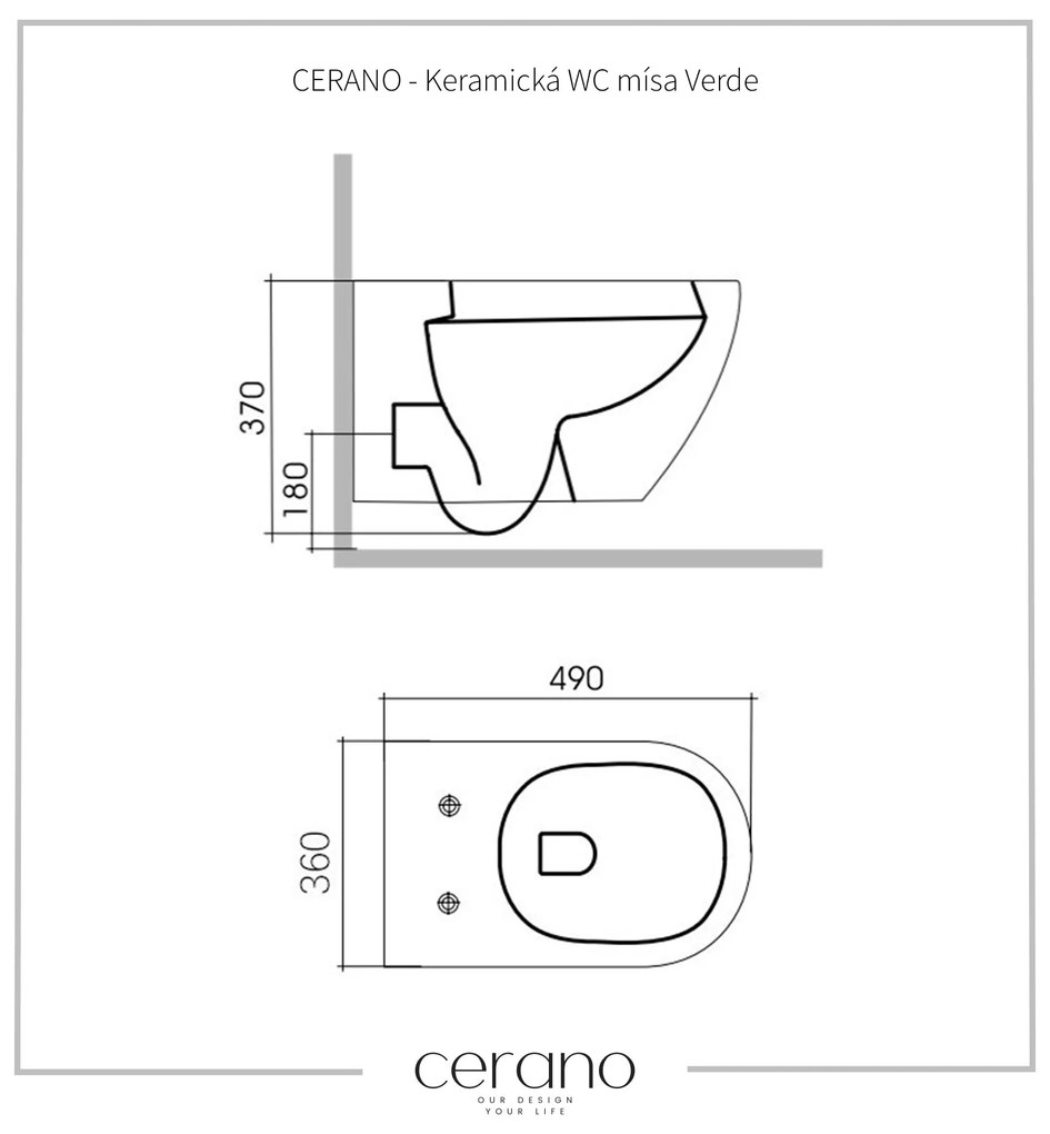 Cerano Verde, závesná WC misa Rimless 490x360x370 mm + UF toaletné sedátko, biela lesklá, CER-CER-417341