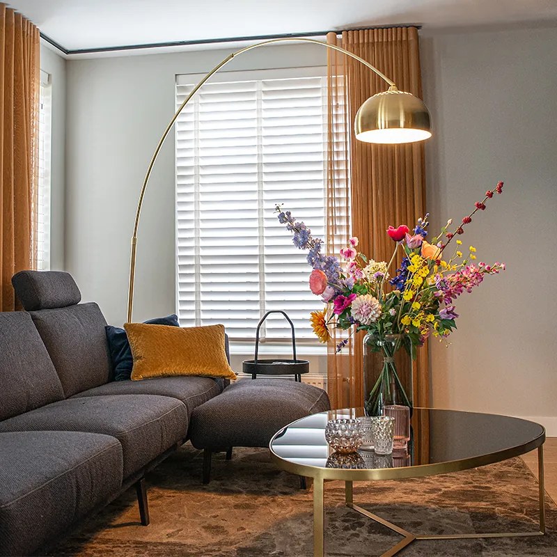 Oblúková stojaca lampa mosadz s bielym mramorovým podstavcom nastaviteľná - XXL