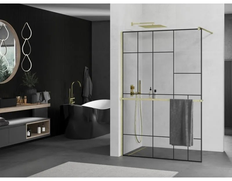 Mexen Kioto+, sprchová zástena Walk-In s poličkou a vešiakom 110 x 200 cm, 8mm číre sklo čierny vzor, zlatý matný profil, 800-110-121-55-78