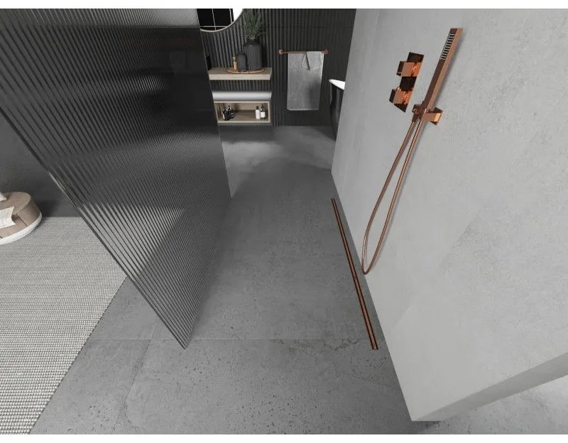 Mexen Kioto, priechodná sprchová zástena 120 x 200 cm, 8mm sklo s rebrovým vzorom, 2x stabilizačná rozpera, ružové zlato, 800-120-002-60-09