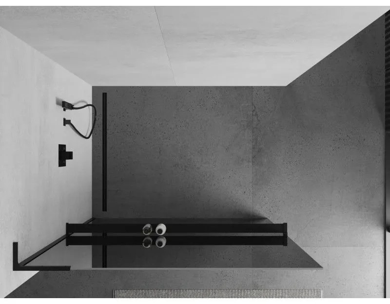 Mexen Kioto+ L, sprchová zástena Walk-In s poličkou a vešiakom 110 x 200 cm, 8mm sklo vzor zrkadlo, čierny profil, 800-110-123-70-50