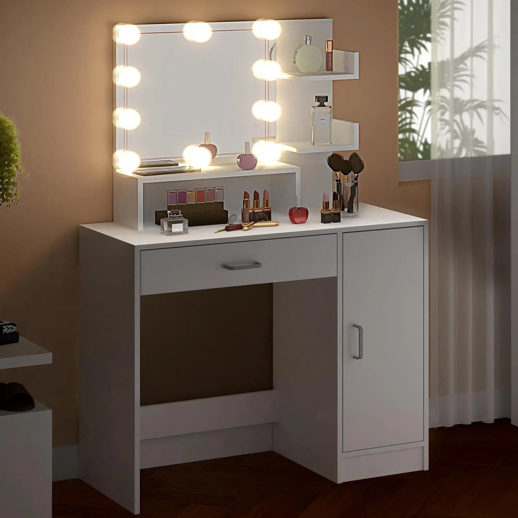 InternetovaZahrada Toaletný stolík Jocelyn s LED osvetlením 90x38x137 cm - biely