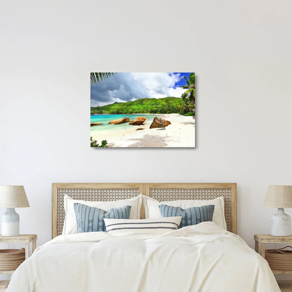 Sklenený obraz - Seychely, pláž Takamaka (70x50 cm)