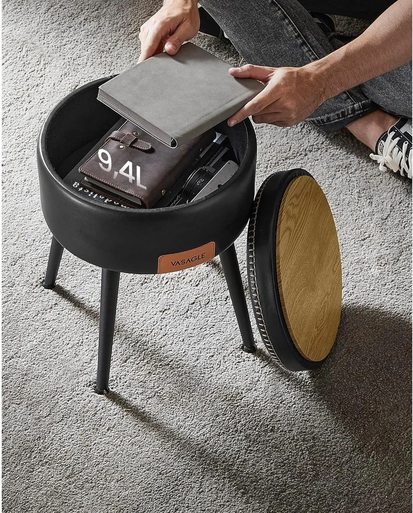 EKHO taburetka, odkladací stolík s úložným priestorom, syntetická koža, čierna