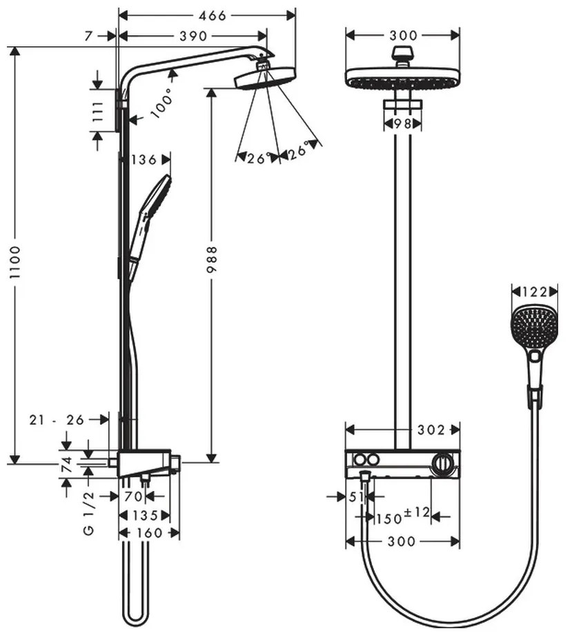 Hansgrohe Raindance Select E, Showerpipe 300 2jet EcoSmart 9 l/min s termostatom ShowerTablet Select 300, chrómová, HAN-27283000