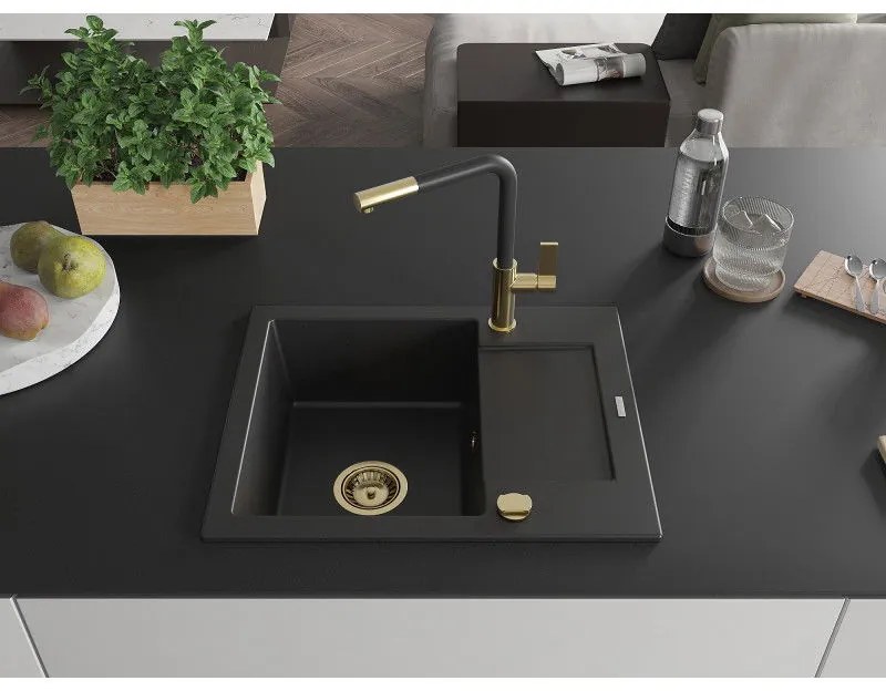 Mexen Enzo, 1-komorový granitový drez 576x465x174 mm a drezová batéria Flora, čierna, 6506-77-670401-57-G