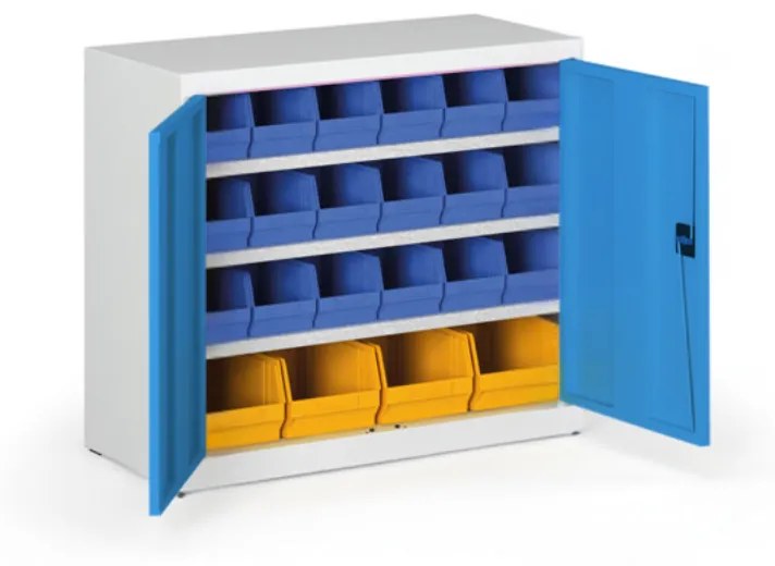 Skriňa s plastovými boxami BASIC - 800 x 400 x 920 mm, 18xB/4xC, sivá/modré dvere