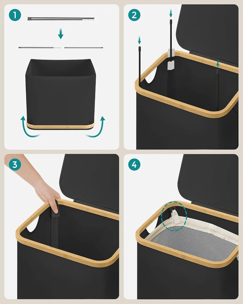 Kôš na bielizeň s vekom, veľký kôš na prádlo 90 l, skladateľný, čierny
