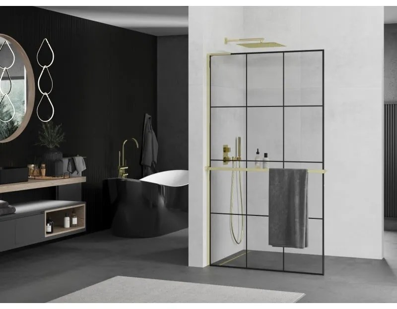 Mexen Kioto+ L, sprchová zástena Walk-In s poličkou a vešiakom 120 x 200 cm, 8mm číre sklo čierny vzor, zlatý lesklý profil,800-120-123-50-77
