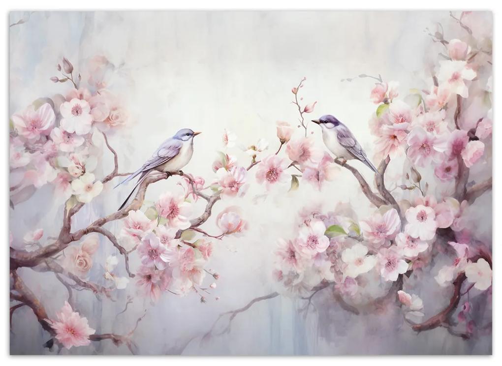 Fototapeta, Ptáci a květiny Shabby Chic - 200x140 cm