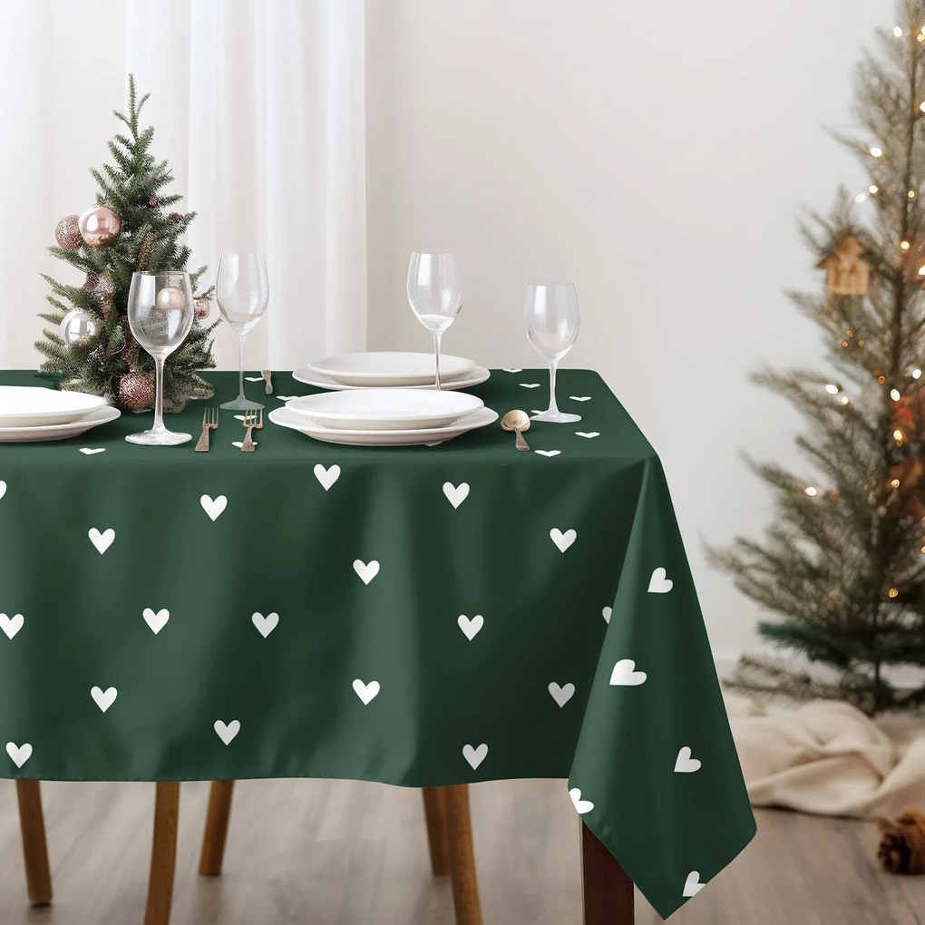 Goldea hranatý obrus 100% bavlnené plátno - srdiečka na tmavo zelenom 100 x 140 cm