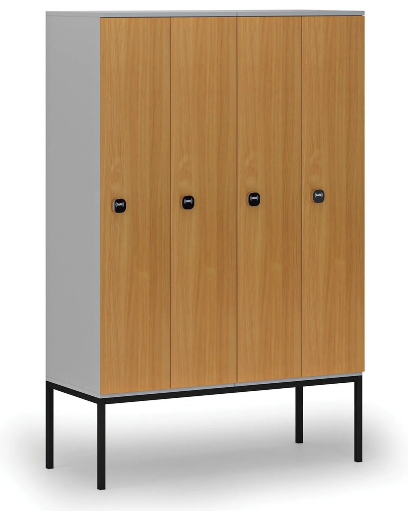 Drevená šatníková skrinka s podnožou, 4 oddiely, 1871 x 1200 x 500 mm, demont, RFID zámok, sivá/buk