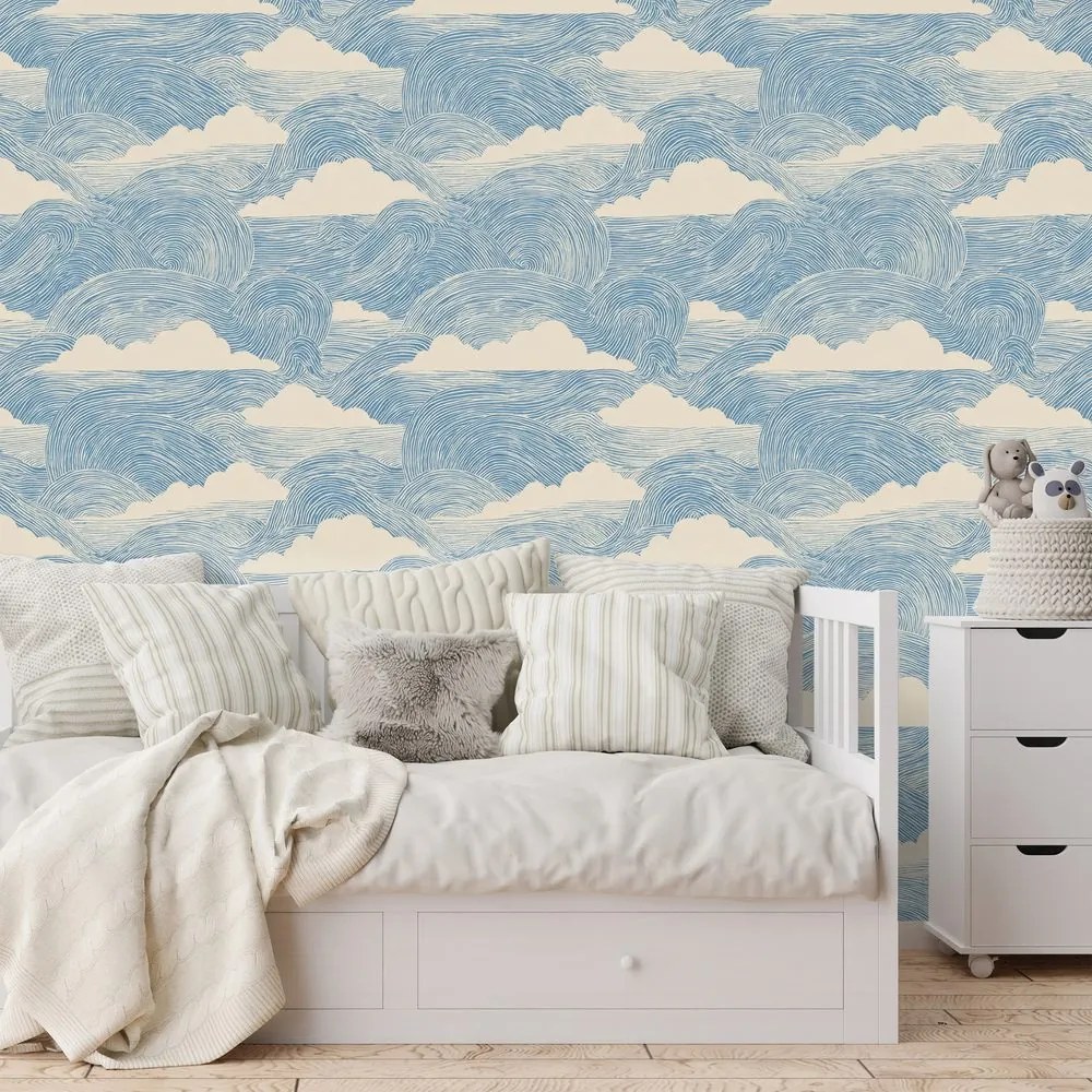 Tapeta modré vlny s bielymi oblakmi