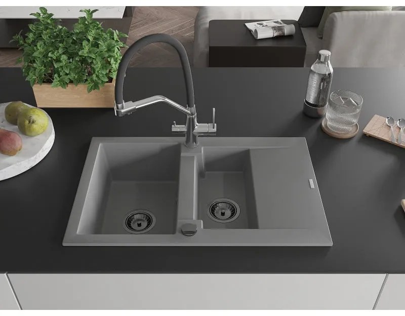 Mexen Gaspar, granitový drez 737x475x177 mm, 1,5-komorový a drezová batéria Duo, šedá, 6507-71-671701-07-B