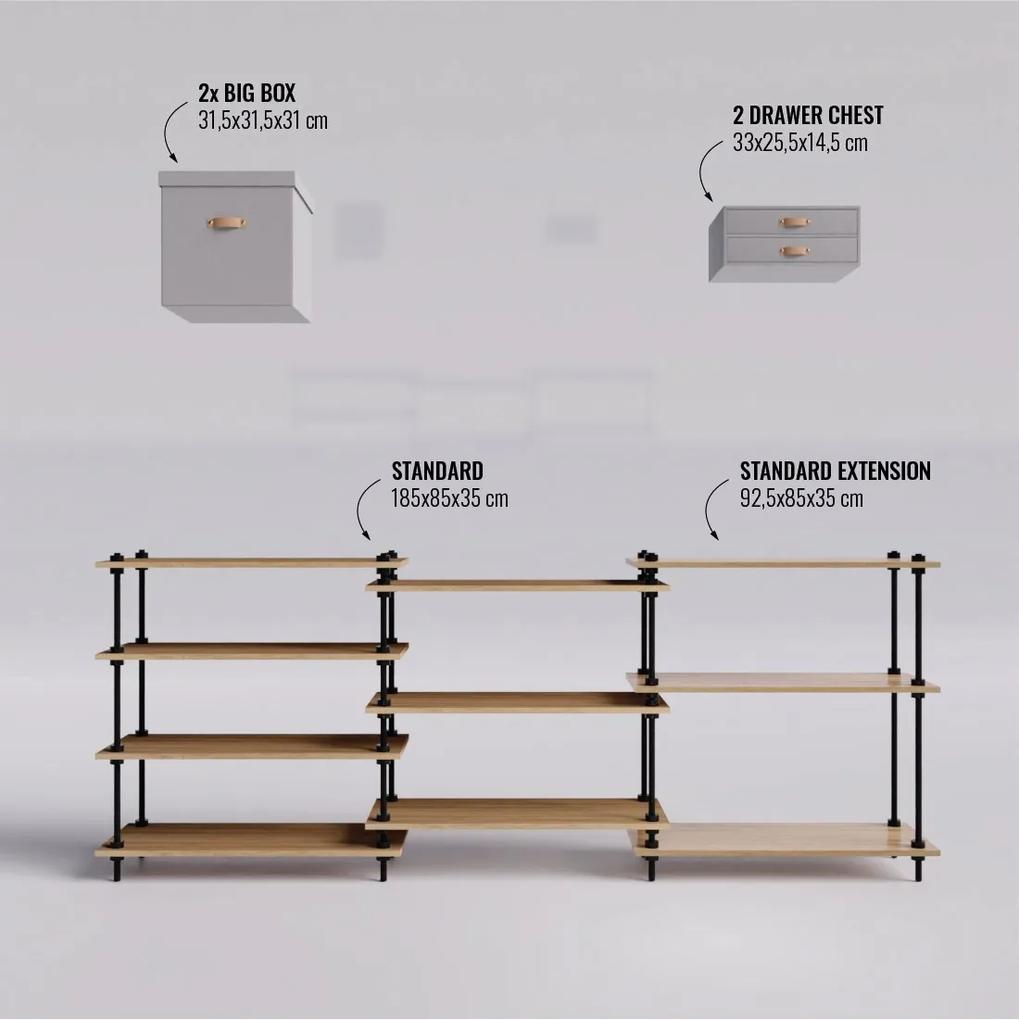 DECO PACK - kovovo drevený, nízky policový regálový systém s laminovanými policami a príslušenstvom, 92,5x235x35 cm