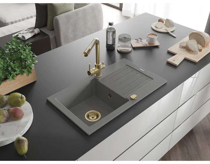 Mexen Pablo, granitový drez 752x436x161 mm, 1-komorový a zlatá batéria Duero, šedá, 6510-71-671600-50