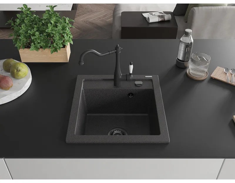 Mexen Vito, granitový drez 490x520x210 mm, 1-komorový a drezová batéria Carla, čierna škvrnitá, 6503-76-670700-70-B