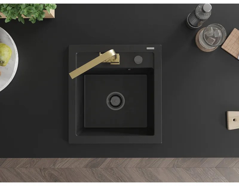 Mexen Vito, 1-komorový granitový drez 520x490x210 mm, zlatá batéria Rita, čierna, 6503-77-670300-50-B