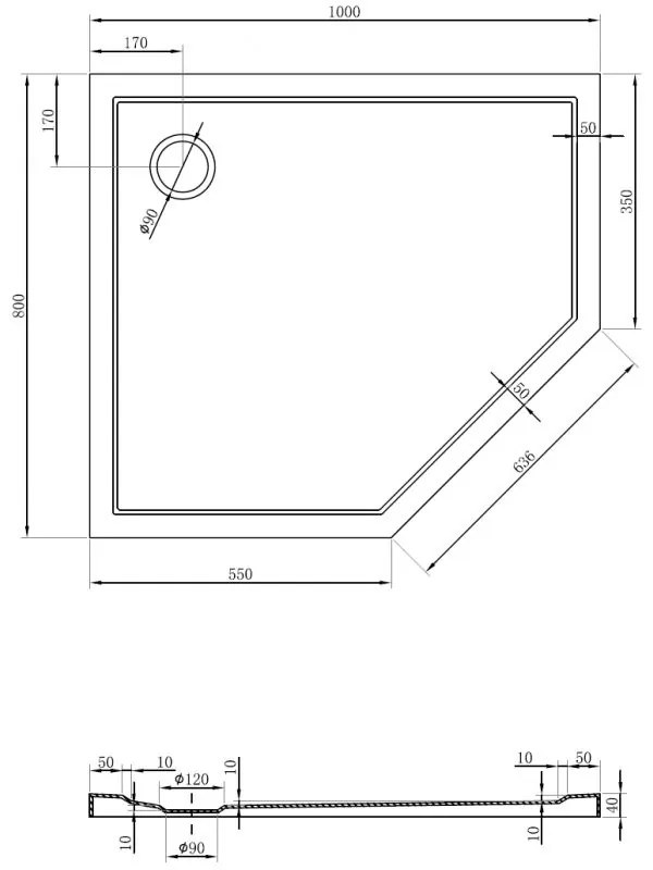 Mexen Flow, päťuholníková sprchová vanička slim 100 x 80 cm, ľavá, čierna matná - 46P708010L