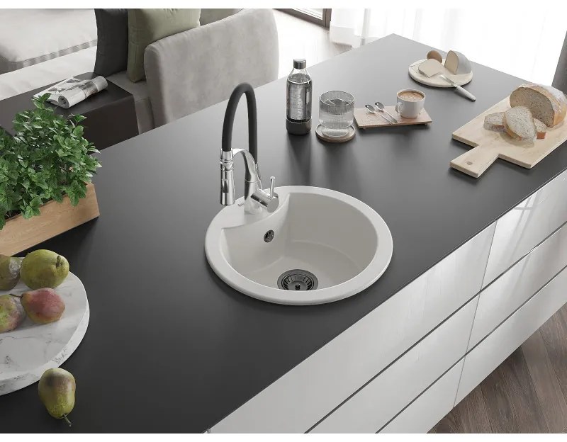 Mexen Diego, 1-komorový granitový drez 488x488x167 mm a drezová batéria Aster, biela, 6512-20-73450-07-B