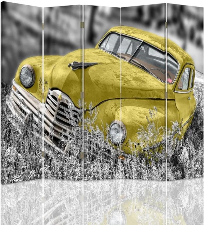 CARO Paraván - Yellow Car In The Grass | päťdielny | jednostranný 180x150 cm