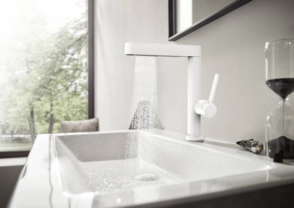 Hansgrohe Finoris, umývadlová batéria 230, s výpustom Push-Open a výsuvnou spŕškou, EcoSmart, biela matná, HAN-76063700