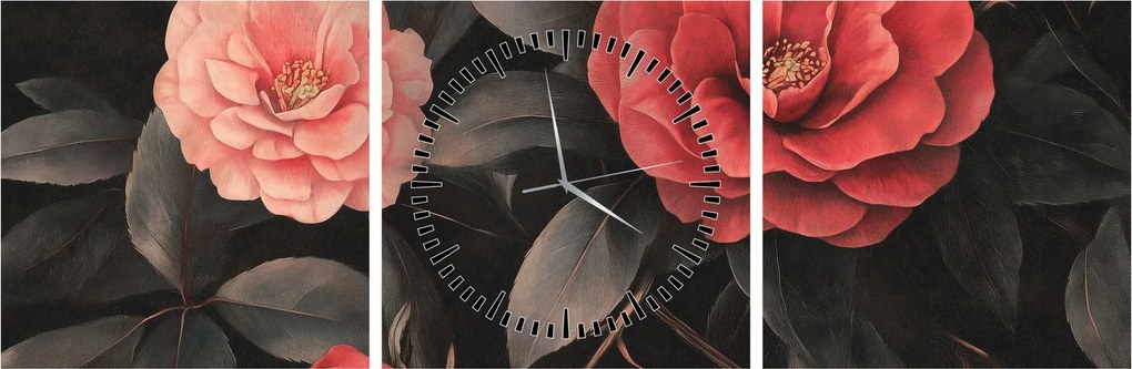 Obraz - Červené kvety na tmavom pozadí (s hodinami) (90x30 cm)