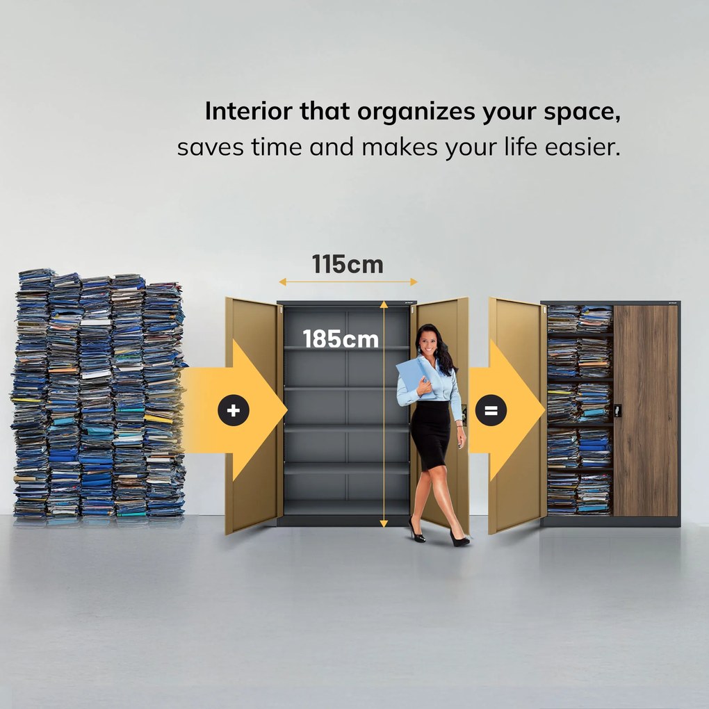 Kancelárska kovová skrinka na dokumenty JAN II, Eco Design: antracit/orech