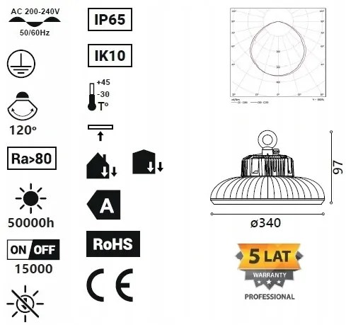 BERGE Priemyselné svietidlo - 4347 - High Bay - 150W - 5 rokov záruka