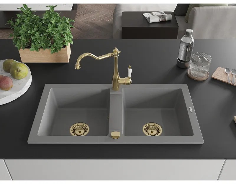 Mexen Mario, granitový drez 820x436x161 mm, 2-komorový a drezová batéria Carla, šedá, 6504-71-670700-50