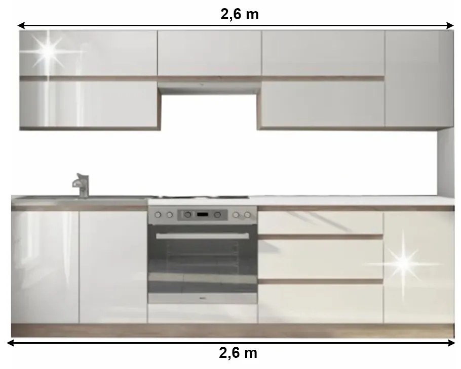 Kuchynská zostava 260 cm Lina (dub sonoma + vysoký lesk biely). Vlastná spoľahlivá doprava až k Vám domov. 1040199