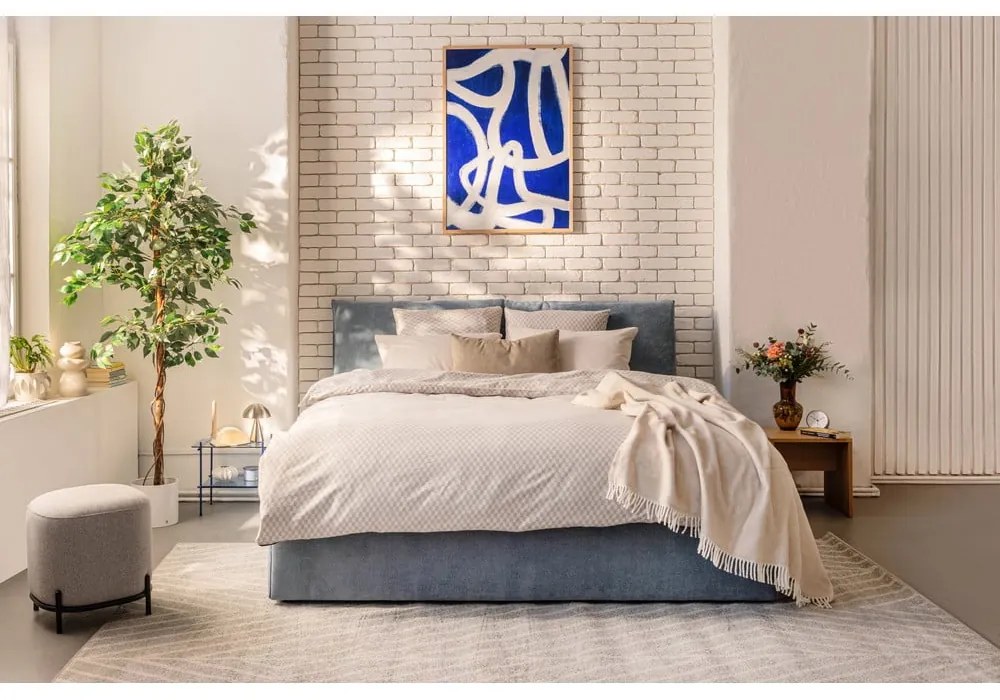 Modrá čalúnená dvojlôžková posteľ s úložným priestorom s roštom 160x200 cm Thessa Pillow – Bonami Selection