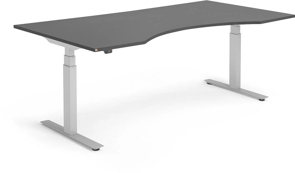 Výškovo nastaviteľný stôl Modulus, vykrojený, 2000x1000 mm, čierna/strieb.