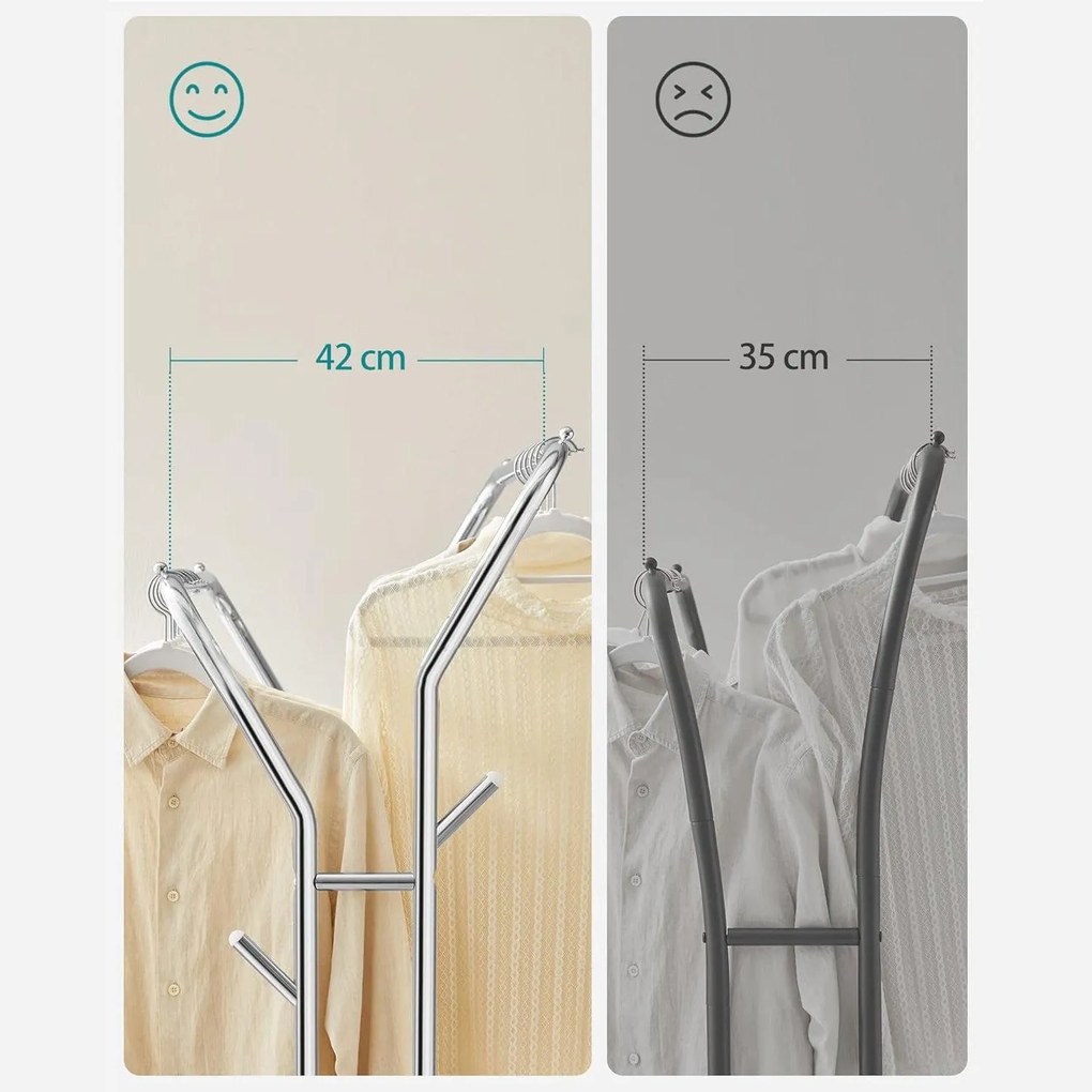 Stojan na šaty, s dvojitou tyčou a policou, kovový, strieborná farba