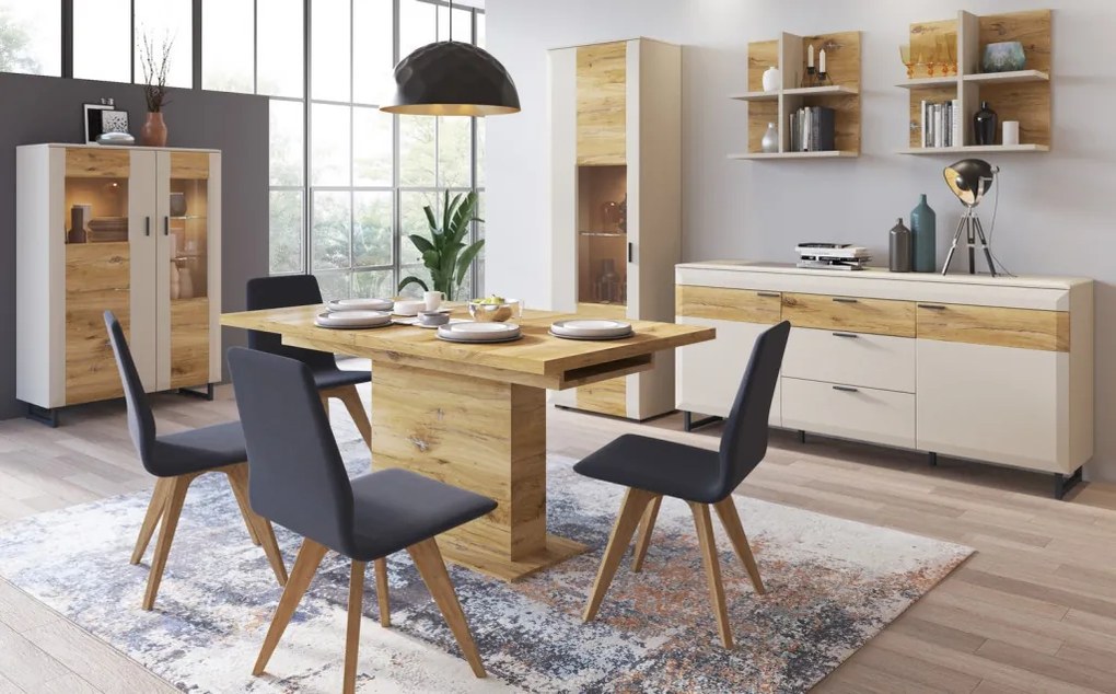 Vysoká vitrína Romy, šedá/dub