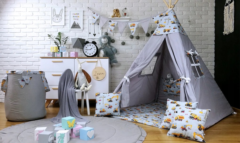 Detský stan TEEPEE (TÍPÍ) STAVEBNÁ TECHNIKA s doplnkami - sivý / biely