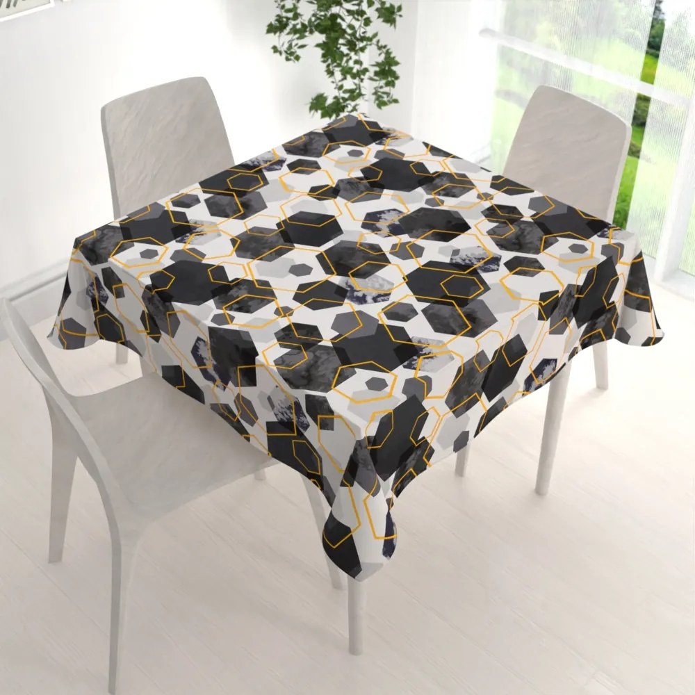 Biante Bavlnený štvorcový obrus Sandra SA-568 Sivo-modrofialové mramorové hexagóny na bielom 80x80 cm