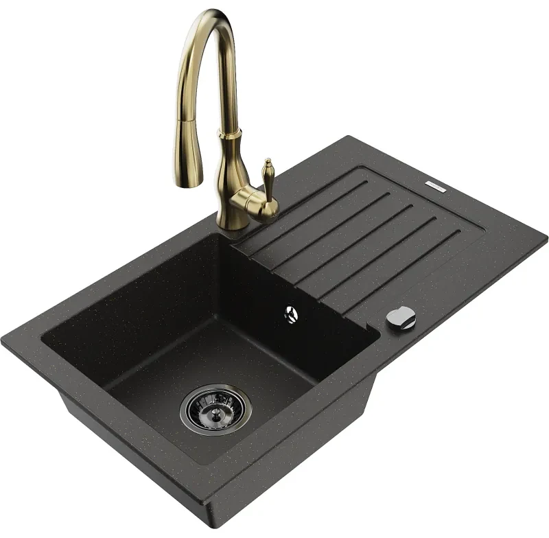 Mexen Pablo, granitový drez 752x436x161 mm, 1-komorový a drezová batéria Savita, čierna-zlatá metalíza, 6510-75-672601-50-B