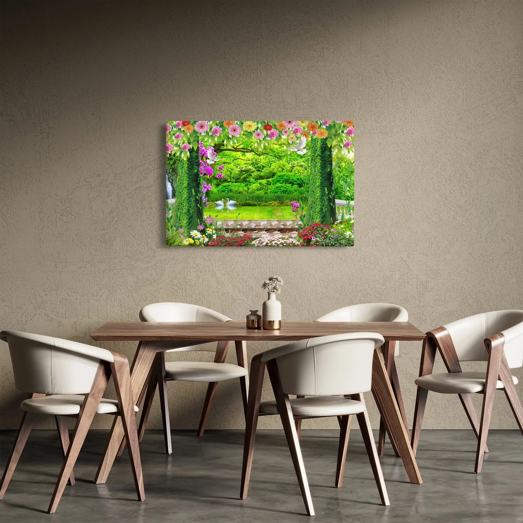 Obraz - Čarovná záhrada s labuťami (90x60 cm)